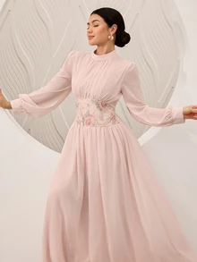 Graceveil Stand Collar Long Sleeve Patchwork Mesh Embroidered Cinched Waist Chiffon Dress Wedding Party Bride Getting Ready Dusty Pink Autumn Romantic Modest - Pink - View 8