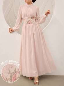 Graceveil Stand Collar Long Sleeve Patchwork Mesh Embroidered Cinched Waist Chiffon Dress Wedding Party Bride Getting Ready Dusty Pink Autumn Romantic Modest - Pink - View 5
