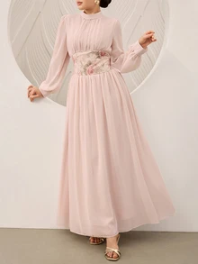Graceveil Stand Collar Long Sleeve Patchwork Mesh Embroidered Cinched Waist Chiffon Dress Wedding Party Bride Getting Ready Dusty Pink Autumn Romantic Modest - Pink - View 7