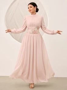 Graceveil Stand Collar Long Sleeve Patchwork Mesh Embroidered Cinched Waist Chiffon Dress Wedding Party Bride Getting Ready Dusty Pink Autumn Romantic Modest - Pink - View 6