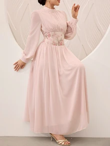 Graceveil Stand Collar Long Sleeve Patchwork Mesh Embroidered Cinched Waist Chiffon Dress Wedding Party Bride Getting Ready Dusty Pink Autumn Romantic Modest - Pink - View 9