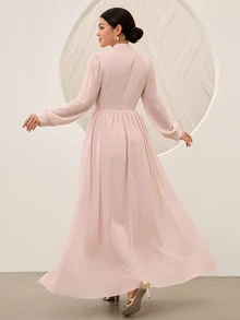 Graceveil Stand Collar Long Sleeve Patchwork Mesh Embroidered Cinched Waist Chiffon Dress Wedding Party Bride Getting Ready Dusty Pink Autumn Romantic Modest - Pink - View 3