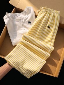 SHEIN 青少年女孩 2件組/套 一件式短袖休閒寬鬆不對稱印花春夏通勤套裝 六年級生日 白色黃色 - 彩色 - 查看 4