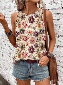 EMERY ROSE Casual Minimalist Colorful Floral Pattern Women Tank Top, Suitable For Summer Vacation,Casual - Multicolor - View 6