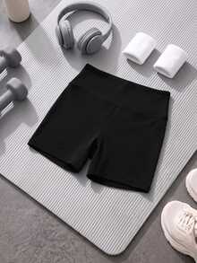 SHEIN Cheerettes Women's Plus Size Solid Color Wide Waist Sports Shorts Black High Stretch Breathable Moisture Wicking Comfortable Fit For Gym Running - Black - View 1