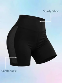 SHEIN Cheerettes Women's Plus Size Solid Color Wide Waist Sports Shorts Black High Stretch Breathable Moisture Wicking Comfortable Fit For Gym Running - Black - View 2