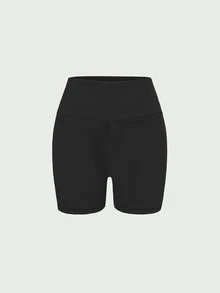 SHEIN Cheerettes Women's Plus Size Solid Color Wide Waist Sports Shorts Black High Stretch Breathable Moisture Wicking Comfortable Fit For Gym Running - Black - View 3