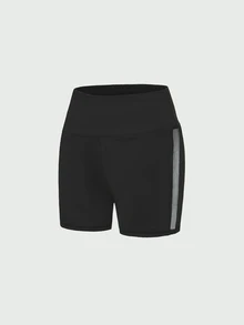 SHEIN Cheerettes Women's Plus Size Solid Color Wide Waist Sports Shorts Black High Stretch Breathable Moisture Wicking Comfortable Fit For Gym Running - Black - View 5