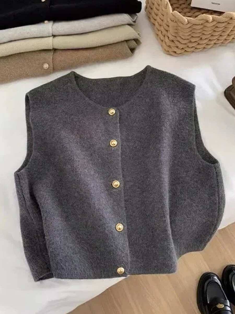 SHEIN EZwear Plus Size Women Single-Breasted Casual Knit Vest, Autumn/Winter Fall - Grey - View 1