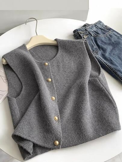 SHEIN EZwear 大码女式单排扣休闲针织背心，秋冬款