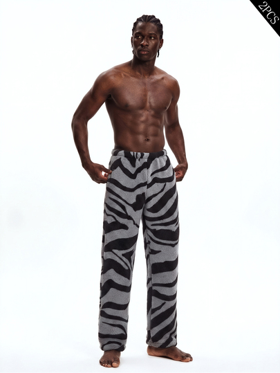 Rest Era Men's Grey Black Zebra Stripe Plush Fleece Drawstring Pajama Pants Cozy Core Winter Indoor Wear