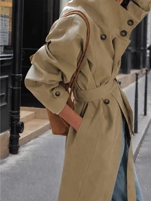 Allurite Mantel Trench Khaki Klasik Prancis untuk Kantor/Komuter, Cocok untuk Hari Guru, Musim Gugur, dan Gaya Klasik Prancis. - Khaki - View 3