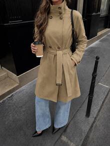 Allurite Mantel Trench Khaki Klasik Prancis untuk Kantor/Komuter, Cocok untuk Hari Guru, Musim Gugur, dan Gaya Klasik Prancis. - Khaki - View 6