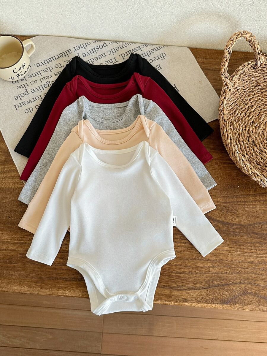SHEIN 5pcs/Set Newborn Baby Girl Cute White Long Sleeve Autumn Bodysuit Set - Apricot - View 1