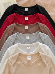 SHEIN 5pcs/Set Newborn Baby Girl Cute White Long Sleeve Autumn Bodysuit Set - Apricot - View 5