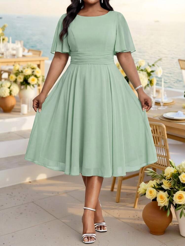 Fleurora Sage Green Elegant Wedding Guest Plus Size Dresses,Summer Chiffon Round Neck Flared Short Sleeve Waist Cinched Midi Dress,Formal Party Ceremony Gown - Cadet Blue - View 5