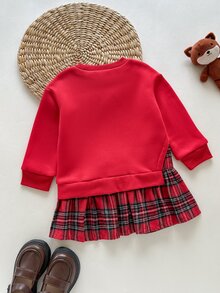 Souflis Souflis 1件女嬰幼兒芭蕾舞裙洋裝，可愛甜美紅色格紋馴鹿蝴蝶結拼接款，長袖圓領，常規版型，冬季秋季節日穿著，羅紋袖口 - 紅色 - 查看 2