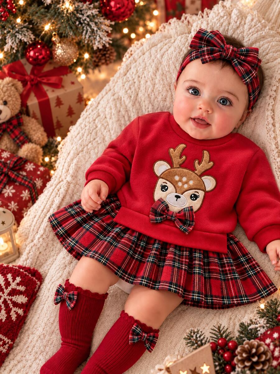 Souflis Souflis 1件女嬰幼兒芭蕾舞裙洋裝,可愛甜美紅色格紋馴鹿蝴蝶結拼接款,長袖圓領,常規版型,冬季秋季節日穿著,羅紋袖口 - 紅色 - 查看 1