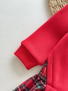 Souflis Souflis 1件女嬰幼兒芭蕾舞裙洋裝，可愛甜美紅色格紋馴鹿蝴蝶結拼接款，長袖圓領，常規版型，冬季秋季節日穿著，羅紋袖口 - 紅色 - 查看 6