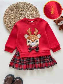 Souflis Souflis 1件女嬰幼兒芭蕾舞裙洋裝，可愛甜美紅色格紋馴鹿蝴蝶結拼接款，長袖圓領，常規版型，冬季秋季節日穿著，羅紋袖口 - 紅色 - 查看 4