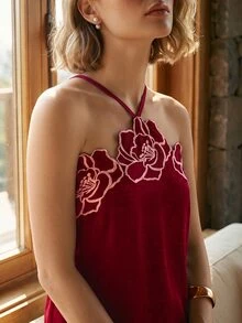 CAJUNI Chic Vacation Chic Elegant Flower Embellishment Mini Dress - Cherry Red - View 1