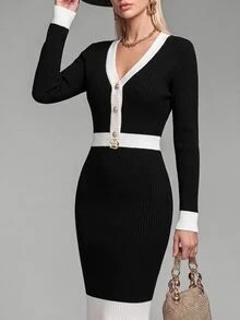 SHEIN طقم نسائي من توب بأكمام طويلة وياقة على شكل حرف V بتصميم ألوان متباينة وتنورة ضيقة محبوكة - أبيض وأسود - مشاهدة 6