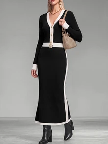 SHEIN طقم نسائي من توب بأكمام طويلة وياقة على شكل حرف V بتصميم ألوان متباينة وتنورة ضيقة محبوكة - أبيض وأسود - مشاهدة 4