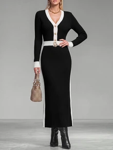 SHEIN طقم نسائي من توب بأكمام طويلة وياقة على شكل حرف V بتصميم ألوان متباينة وتنورة ضيقة محبوكة - أبيض وأسود - مشاهدة 3