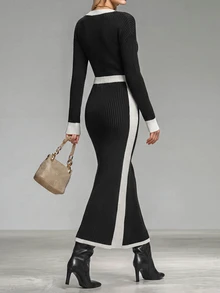 SHEIN طقم نسائي من توب بأكمام طويلة وياقة على شكل حرف V بتصميم ألوان متباينة وتنورة ضيقة محبوكة - أبيض وأسود - مشاهدة 2