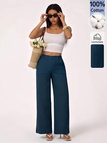 SHEIN PETITE 100% Washed Cotton Low Waist Straight Pants - Blue - View 8