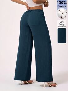 SHEIN PETITE 100% Washed Cotton Low Waist Straight Pants - Blue - View 2