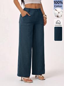 SHEIN PETITE 100% Washed Cotton Low Waist Straight Pants - Blue - View 6