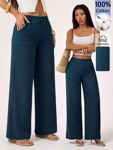 SHEIN PETITE 100% Washed Cotton Low Waist Straight Pants - Blue - View 3