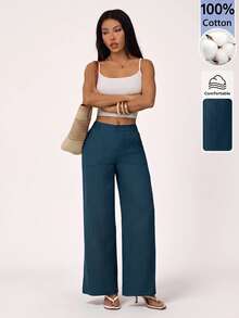 SHEIN PETITE 100% Washed Cotton Low Waist Straight Pants - Blue - View 9