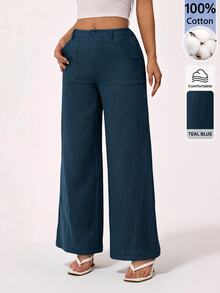 SHEIN PETITE 100% Washed Cotton Low Waist Straight Pants - Blue - View 7