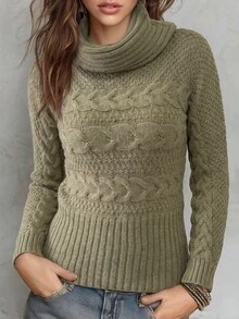 Omancia Sweater Pullover Rajut Kabel Leher Tinggi Warna Polos untuk Wanita - Hijau - View 5