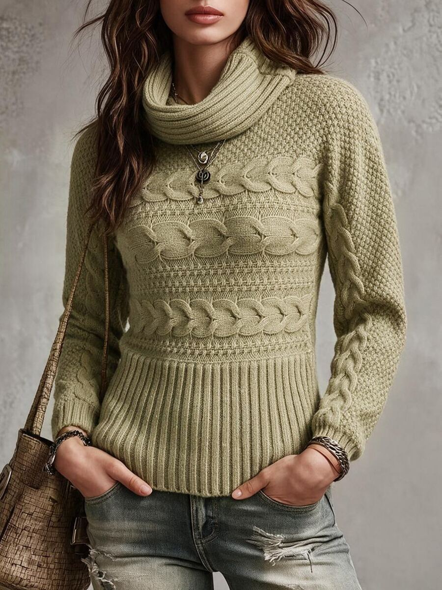 Omancia Sweater Pullover Rajut Kabel Leher Tinggi Warna Polos untuk Wanita - Hijau - View 1
