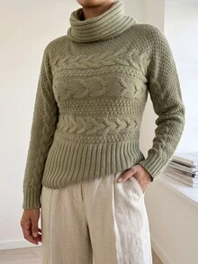 Omancia Sweater Pullover Rajut Kabel Leher Tinggi Warna Polos untuk Wanita - Hijau - View 6