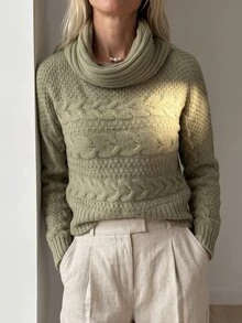 Omancia Sweater Pullover Rajut Kabel Leher Tinggi Warna Polos untuk Wanita - Hijau - View 4
