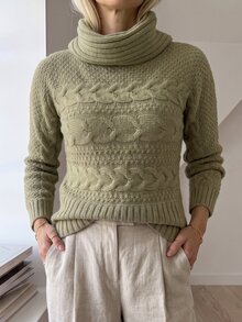 Omancia Sweater Pullover Rajut Kabel Leher Tinggi Warna Polos untuk Wanita - Hijau - View 3