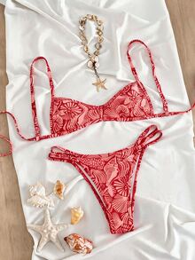 SHEIN Swim 春夏新款紅色花卉底色海洋貝殼印花兩件式高衩三角比基尼套裝 聚攏性感熱帶風泳衣 女款沙灘泳裝 - 紅色 - 查看 5