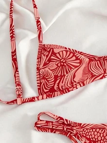 SHEIN Swim 春夏新款紅色花卉底色海洋貝殼印花兩件式高衩三角比基尼套裝 聚攏性感熱帶風泳衣 女款沙灘泳裝 - 紅色 - 查看 3