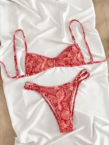 SHEIN Swim 春夏新款紅色花卉底色海洋貝殼印花兩件式高衩三角比基尼套裝 聚攏性感熱帶風泳衣 女款沙灘泳裝 - 紅色 - 查看 6