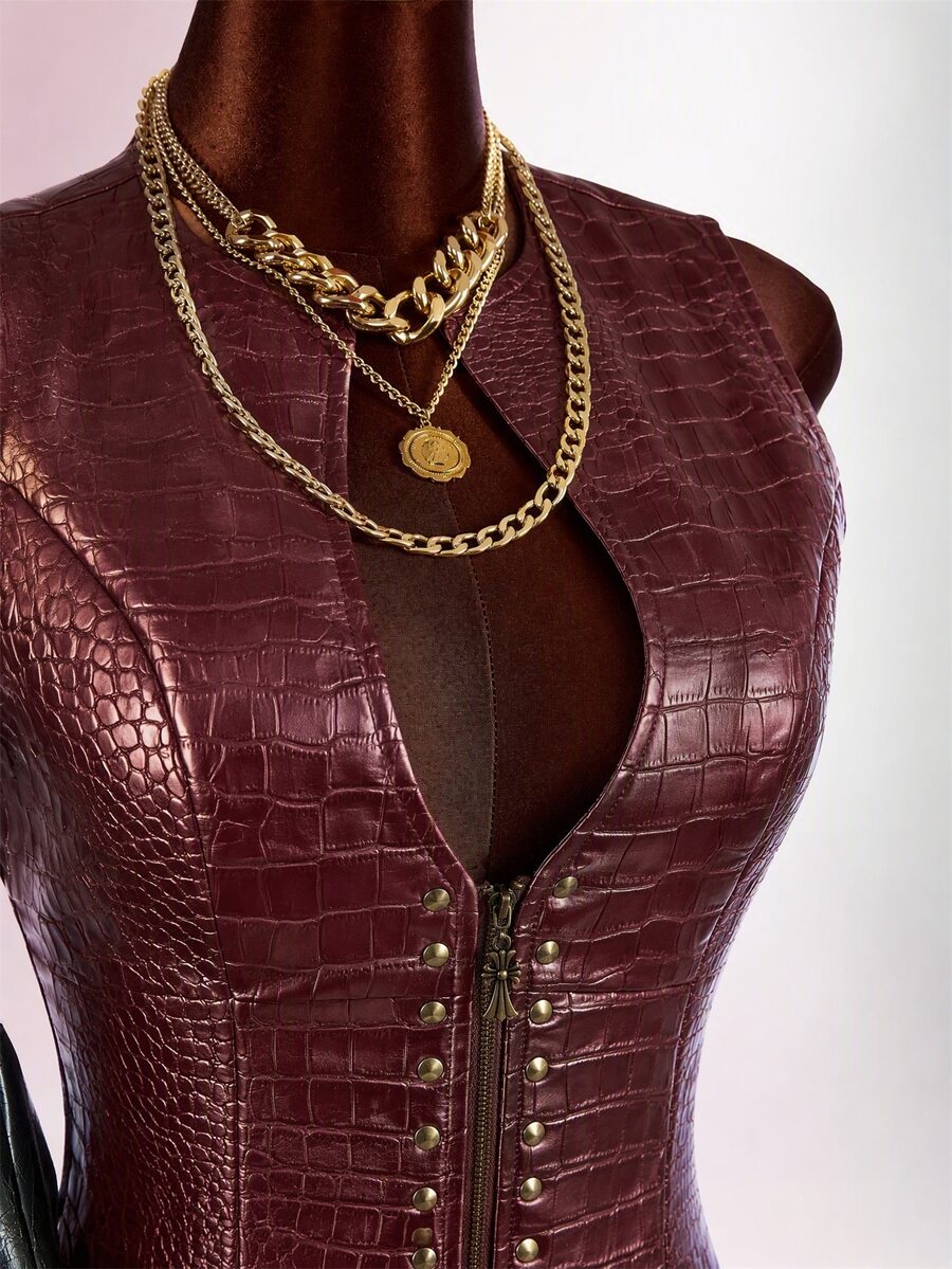 Amplova Low-Cut Riveted Crocodile Embossed PU Sleeveless Jacket - Burgundy - View 1