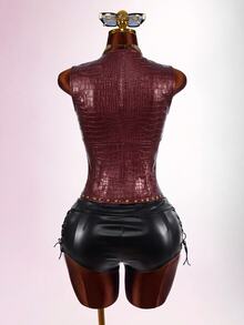 Amplova Low-Cut Riveted Crocodile Embossed PU Sleeveless Jacket - Burgundy - View 11