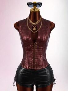 Amplova Low-Cut Riveted Crocodile Embossed PU Sleeveless Jacket - Burgundy - View 3
