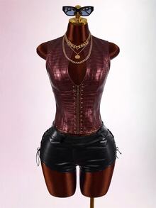 Amplova Low-Cut Riveted Crocodile Embossed PU Sleeveless Jacket - Burgundy - View 5