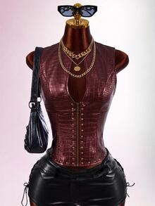 Amplova Low-Cut Riveted Crocodile Embossed PU Sleeveless Jacket - Burgundy - View 7