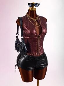 Amplova Low-Cut Riveted Crocodile Embossed PU Sleeveless Jacket - Burgundy - View 4