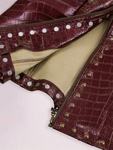 Amplova Low-Cut Riveted Crocodile Embossed PU Sleeveless Jacket - Burgundy - View 8